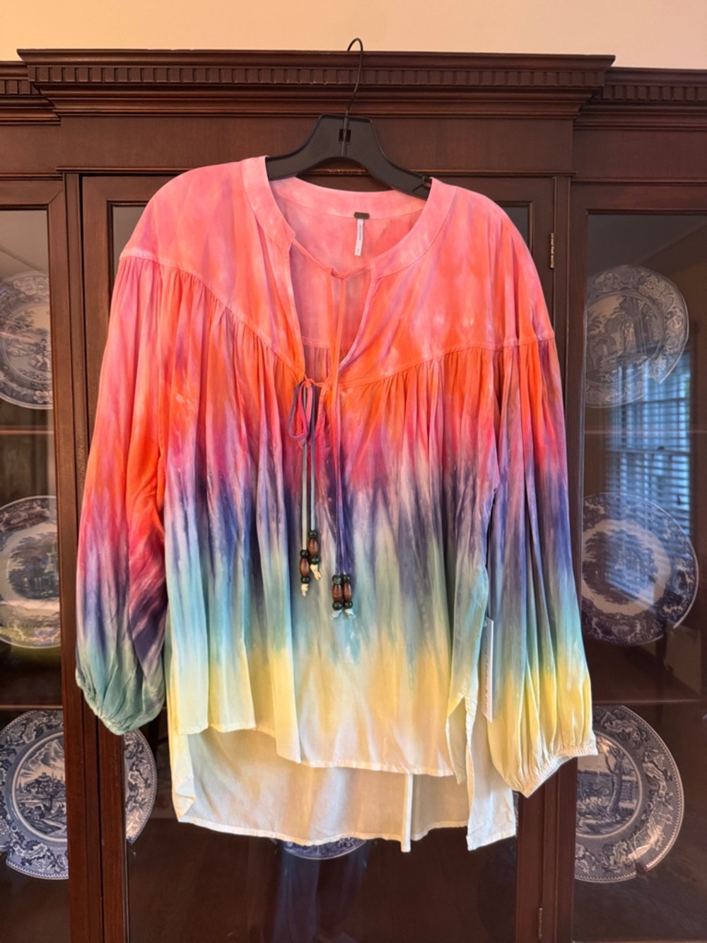 Women's Rainbow Tie-Dye Peasant Blouse - Multicolor